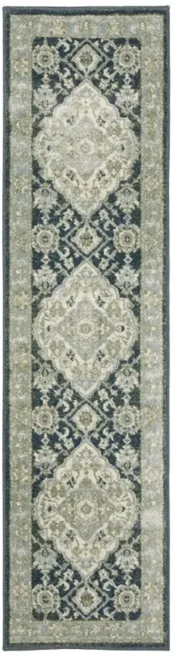 2' x 8' Oriental Power Loom Stain Resistant Runner Rug - Teal Blue Ivory Green And Gray