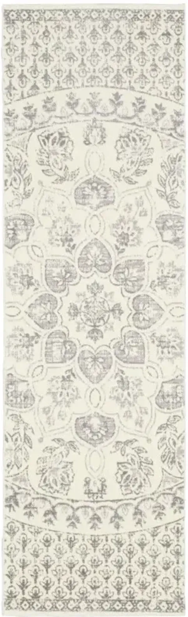 2' x 8' Floral Power Loom Stain Resistant Runner Rug - Ivory And Gray