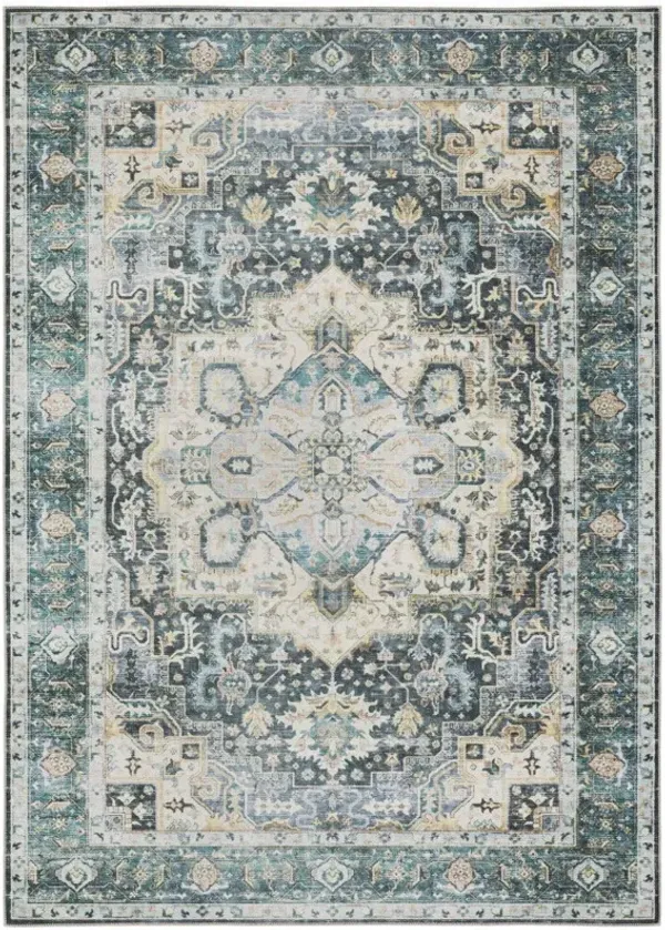 4' x 6' Oriental Printed Stain Resistant Non Skid Area Rug - Blue Ivory Teal Brown And Gold
