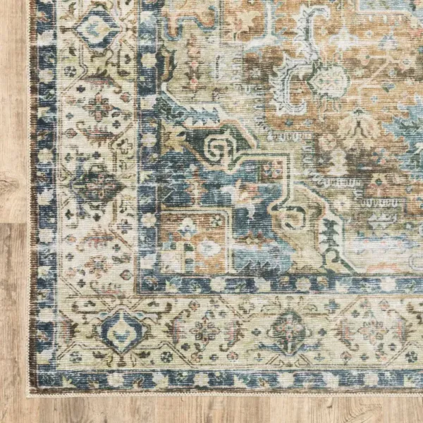 4' x 6' Oriental Printed Stain Resistant Non Skid Area Rug - Blue Gold Brown Green And Salmon