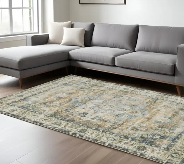 7' x 10' Oriental Printed Stain Resistant Non Skid Area Rug - Blue Gold Brown Green And Salmon