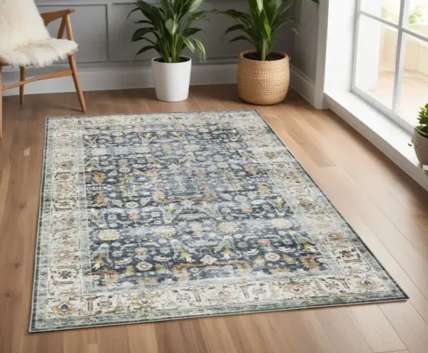4' x 6' Oriental Printed Stain Resistant Non Skid Area Rug - Blue Gold Rust Ivory And Olive