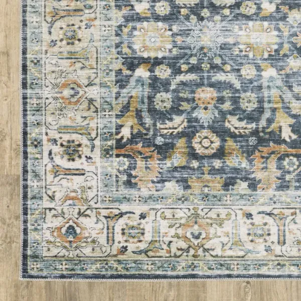 5' x 7' Oriental Printed Stain Resistant Non Skid Area Rug - Blue Gold Rust Ivory And Olive