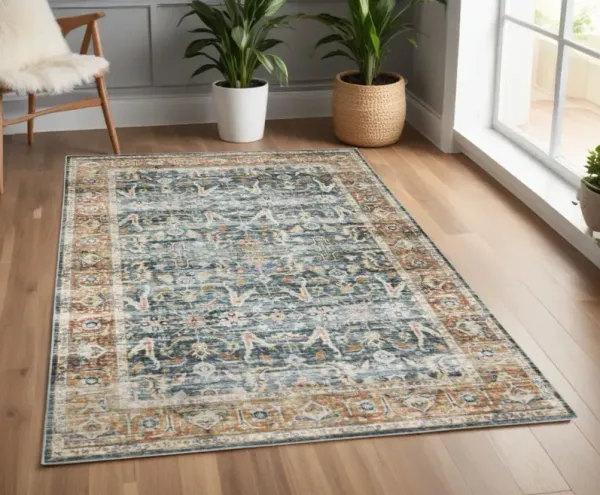 4' x 6' Oriental Printed Stain Resistant Non Skid Area Rug - Blue Rust Gold And Olive