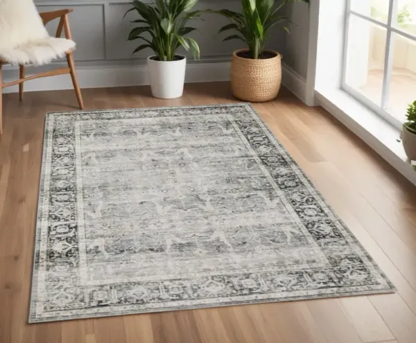 4' x 6' Oriental Printed Stain Resistant Non Skid Area Rug - Charcoal Gray Salmon And Ivory