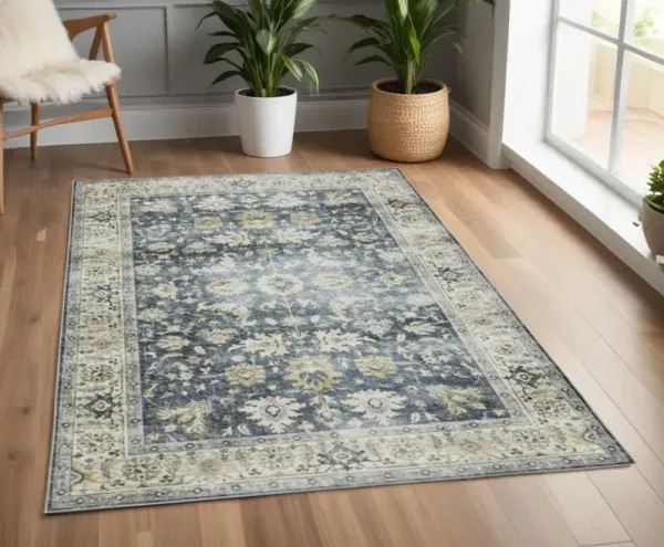 4' x 6' Oriental Printed Stain Resistant Non Skid Area Rug - Blue Gold Green And Ivory