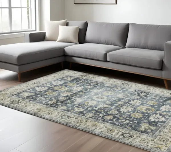 7' x 10' Oriental Printed Stain Resistant Non Skid Area Rug - Blue Gold Green And Ivory
