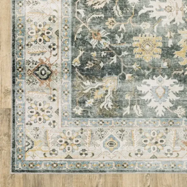 2' x 3' Oriental Printed Stain Resistant Non Skid Area Rug - Gray Charcoal Gold Brown Ivory Pale Sage And Light Blue