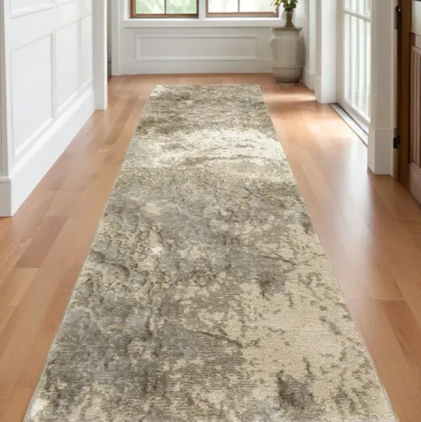 12' Runner Abstract Power Loom Runner Rug - Gray Beige And Ivory