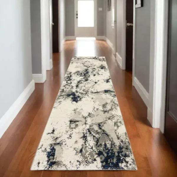 8' Runner Abstract Power Loom Runner Rug - Gray And Black