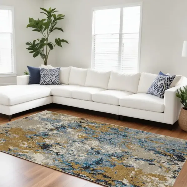 6.6' x 9.8' Abstract Power Loom Area Rug - Gray Blue And Ivory