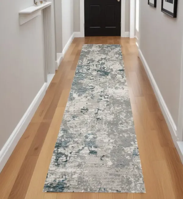 8' Runner Abstract Power Loom Runner Rug - Blue And Beige