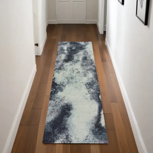 8.3' x 2.2' Runner Abstract Power Loom Runner Rug - Ivory And Blue