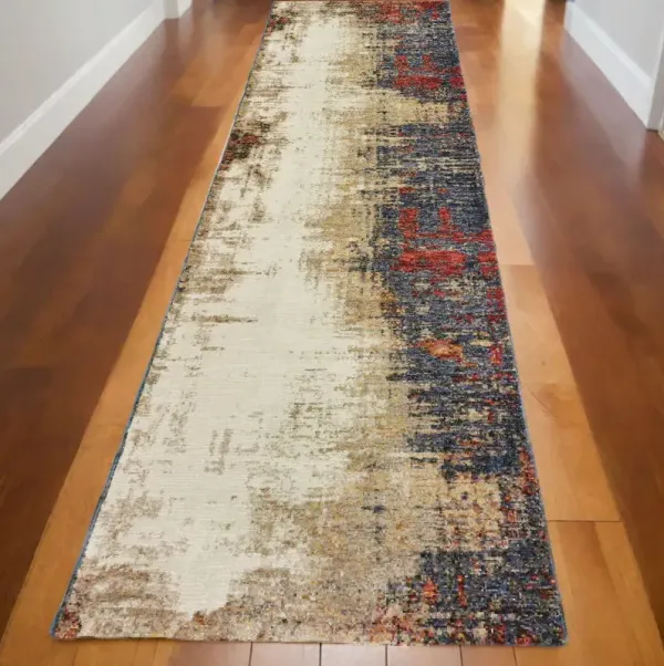 12' Runner Abstract Power Loom Runner Rug - Blue And Ivory