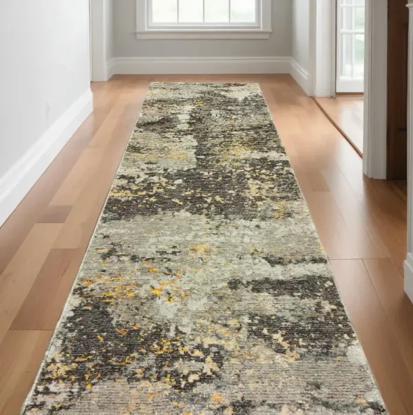 12' Runner Abstract Power Loom Runner Rug - Gray And Gold