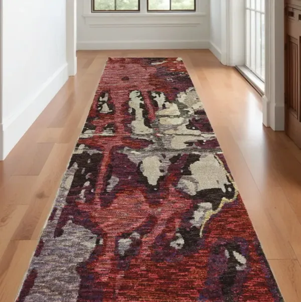 12' Runner Abstract Power Loom Runner Rug - Red And Beige