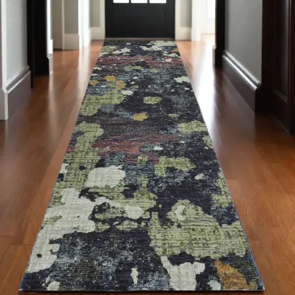 12' Runner Abstract Power Loom Runner Rug - Navy And Green