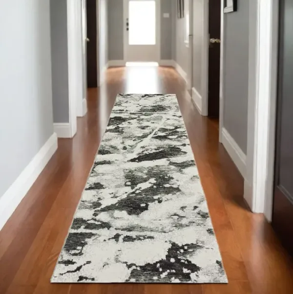 8' Runner Abstract Power Loom Runner Rug - Charcoal And White