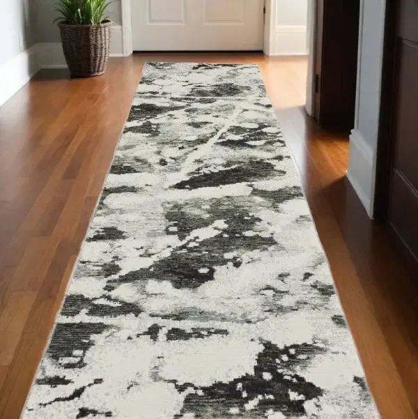 12' Runner Abstract Power Loom Runner Rug - Charcoal And White