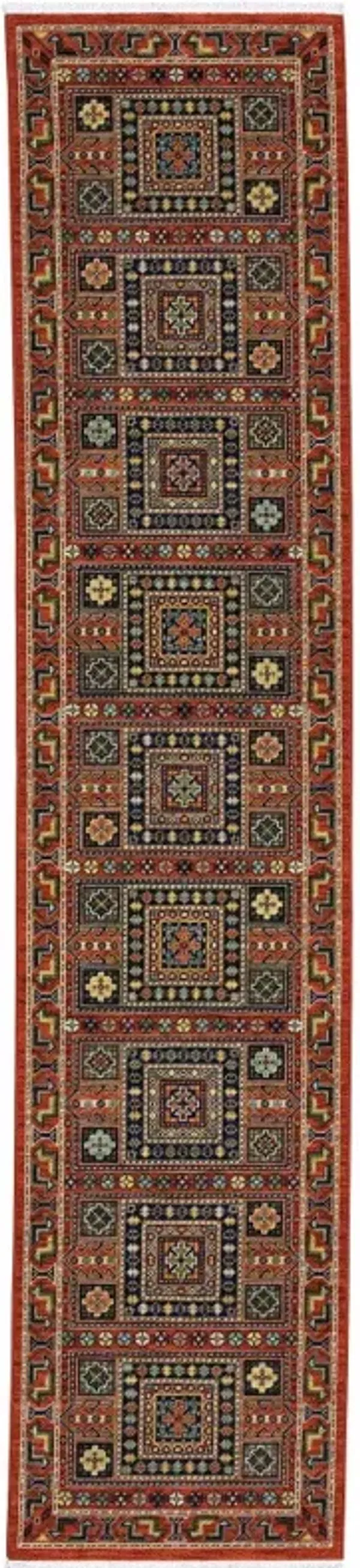 2' x 10' Oriental Power Loom Runner Rug With Fringe - Blue And Red