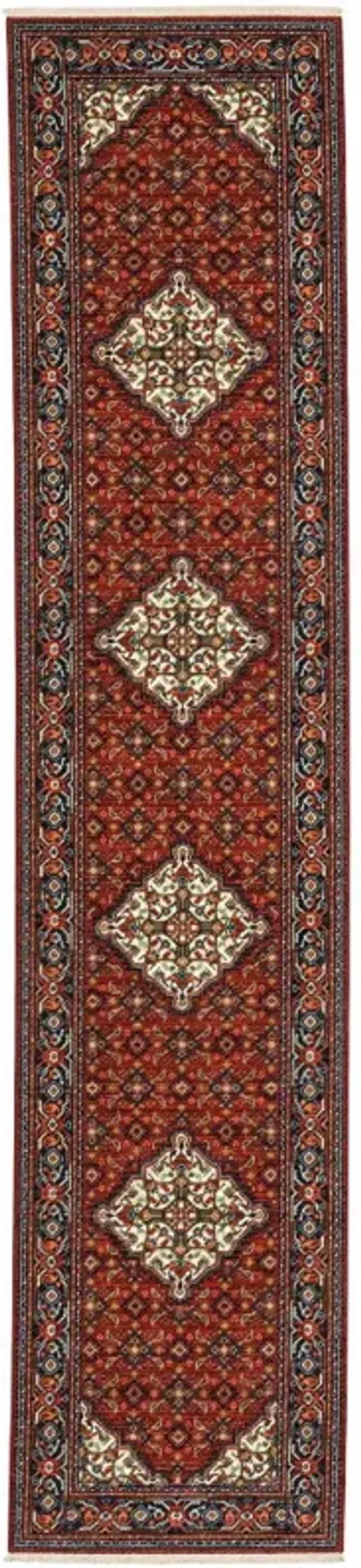 2.6' x 12.1' Oriental Power Loom Runner Rug With Fringe - Red And Blue