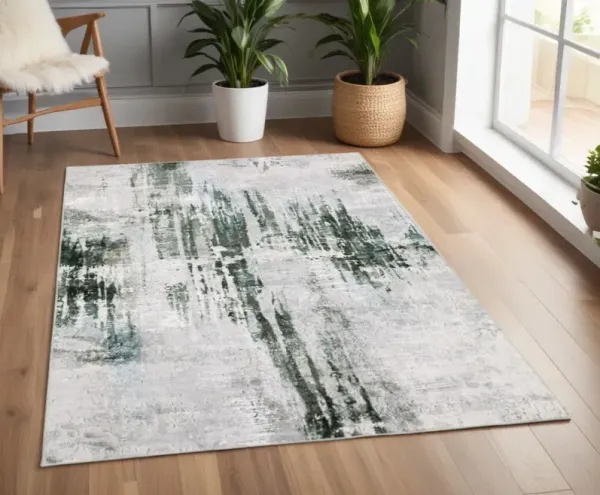 4' x 6' Abstract Printed Stain Resistant Non Skid Area Rug - Silver Gray Teal Blue And Charcoal