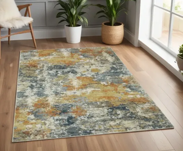 4' x 6' Abstract Printed Stain Resistant Non Skid Area Rug - Teal Blue Orange Gold Gray Tan Brown And Beige