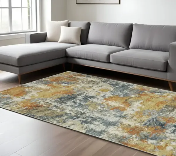 8' x 10' Abstract Printed Stain Resistant Non Skid Area Rug - Teal Blue Orange Gold Gray Tan Brown And Beige
