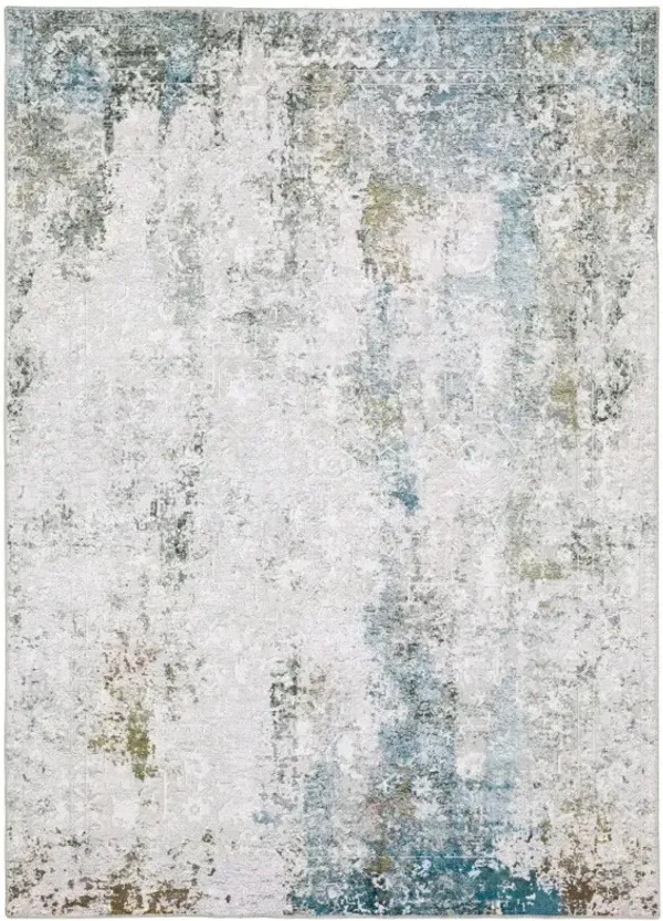 5' x 7' Abstract Printed Stain Resistant Non Skid Area Rug - Ivory Teal Blue Gray Brown And Gold
