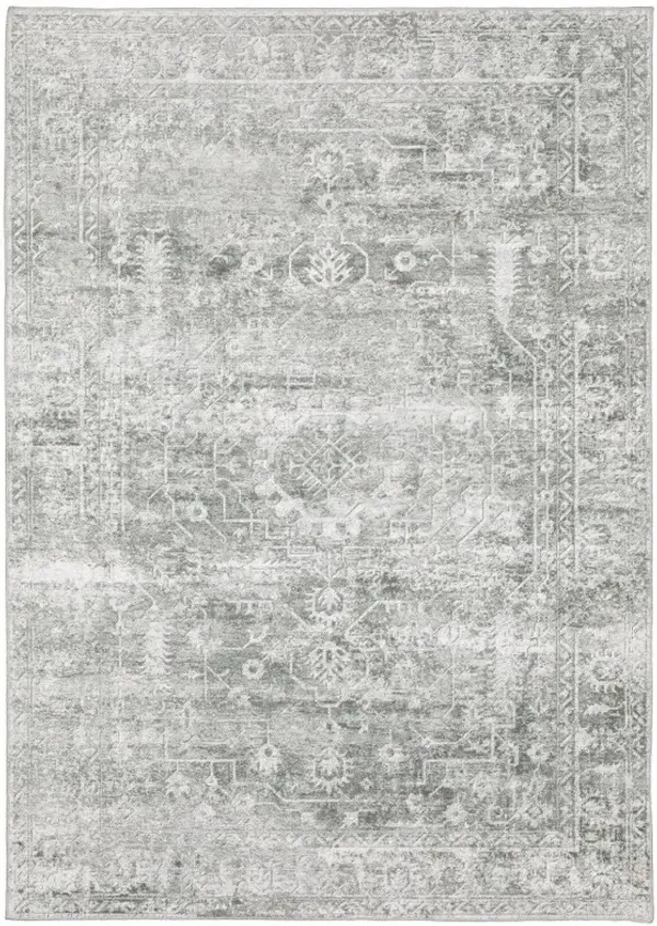 2' x 3' Oriental Printed Stain Resistant Non Skid Area Rug - Sage Green Gray Ivory And Silver