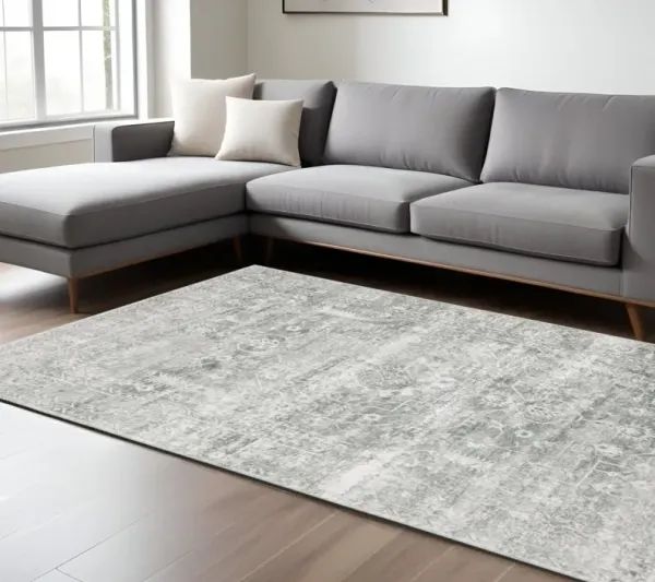 8' x 10' Oriental Printed Stain Resistant Non Skid Area Rug - Sage Green Gray Ivory And Silver