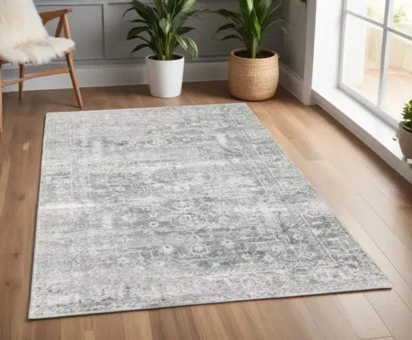 4' x 6' Oriental Printed Stain Resistant Non Skid Area Rug - Sage Green Gray Ivory And Silver