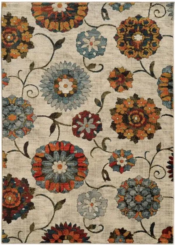 5' x 8' Floral Power Loom Stain Resistant Area Rug - Ivory Blue Gold Green Orange Rust And Teal