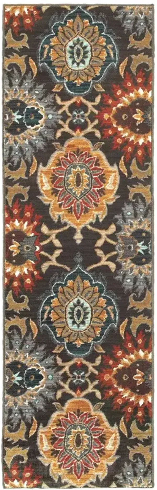 2' x 8' Floral Power Loom Stain Resistant Runner Rug - Brown Gray Rust Red Gold Teal And Blue Green