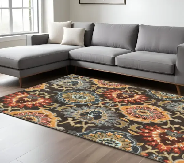 8' x 11' Floral Power Loom Stain Resistant Area Rug - Brown Gray Rust Red Gold Teal And Blue Green
