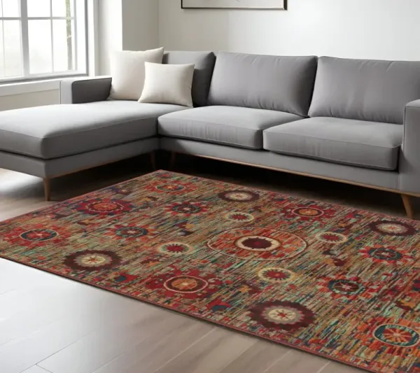 6' x 9' Floral Power Loom Stain Resistant Area Rug - Red Gold Orange Green Ivory Rust And Blue