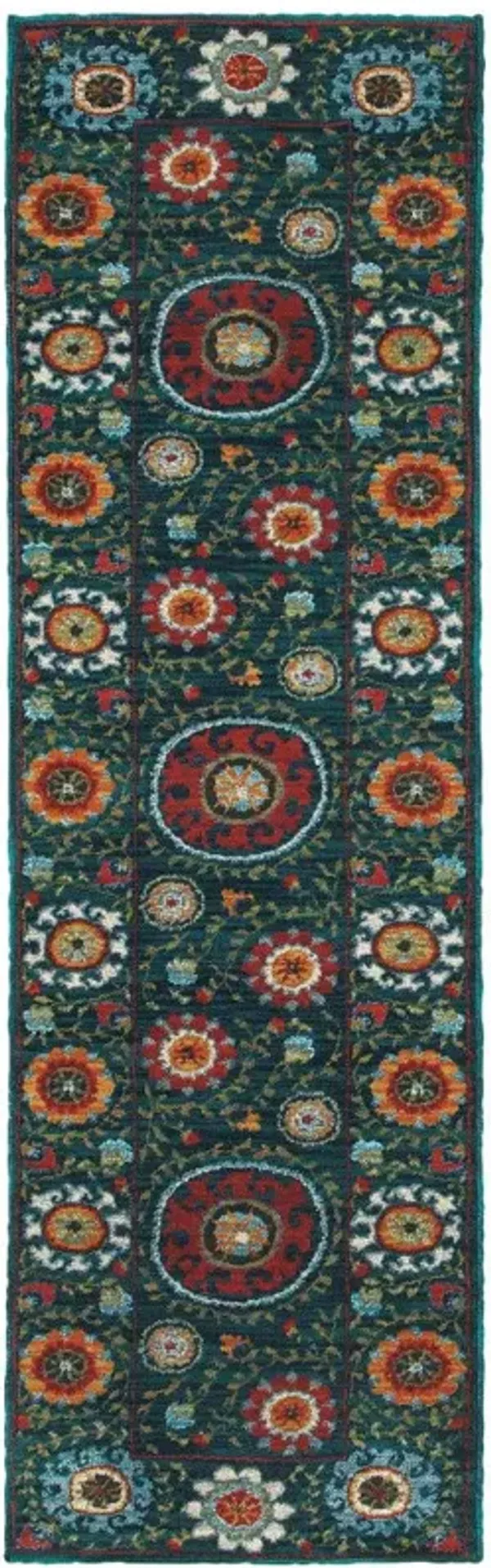 2' x 8' Floral Power Loom Stain Resistant Runner Rug - Teal Blue Rust Gold And Ivory