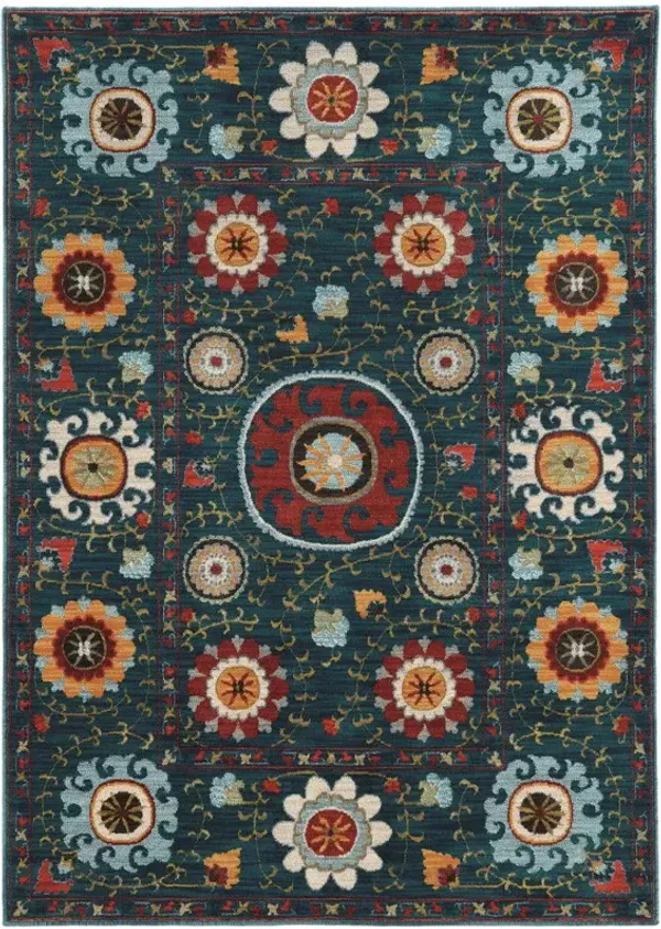 5' x 8' Floral Power Loom Stain Resistant Area Rug - Teal Blue Rust Gold And Ivory