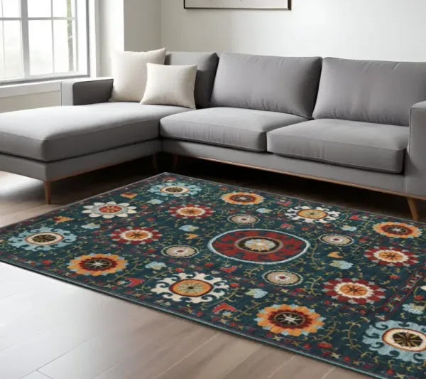 8' x 11' Floral Power Loom Stain Resistant Area Rug - Teal Blue Rust Gold And Ivory