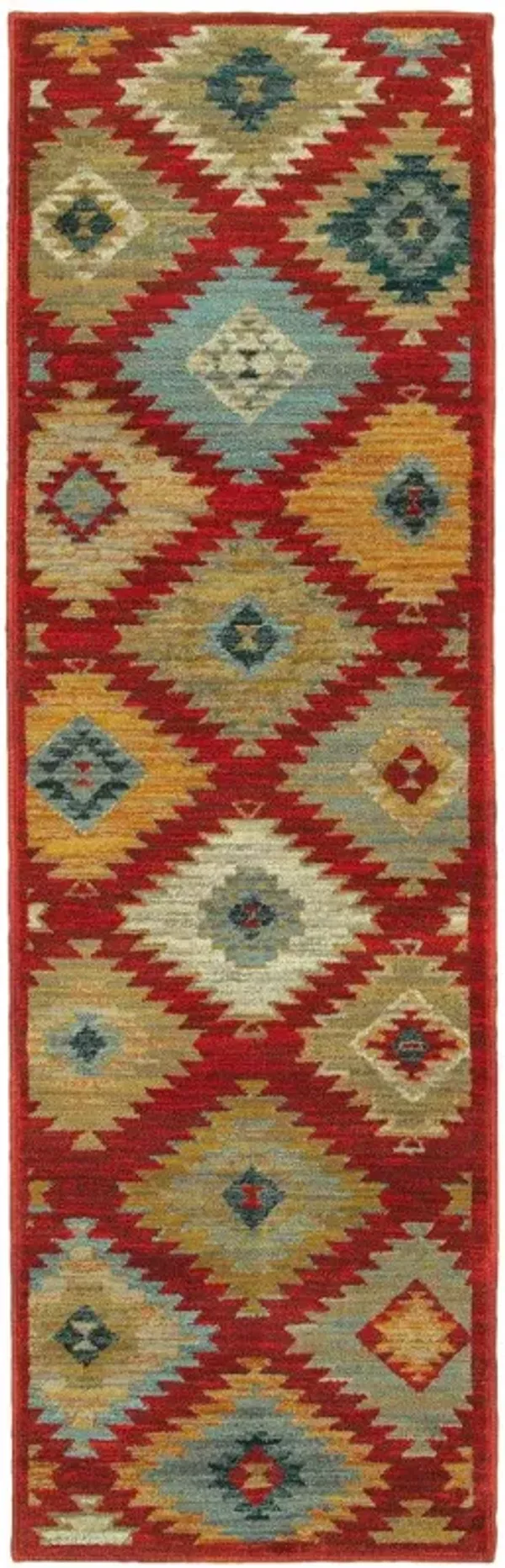 2' x 8' Geometric Power Loom Stain Resistant Runner Rug - Red Green Gold Blue Teal And Ivory