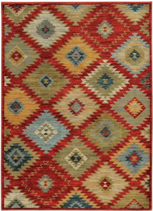 4' x 6' Geometric Power Loom Stain Resistant Area Rug - Red Green Gold Blue Teal And Ivory