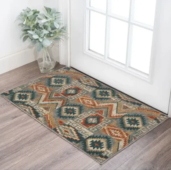 2' x 3' Geometric Power Loom Stain Resistant Area Rug - Blue Teal Gray Orange Gold Ivory And Rust
