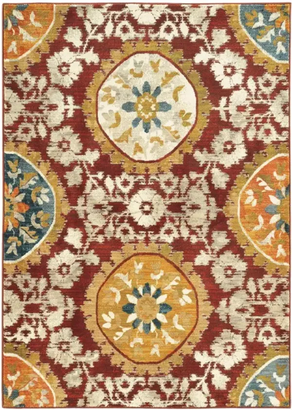 5' x 8' Oriental Power Loom Stain Resistant Area Rug - Red Gold Teal Gray Ivory And Blue