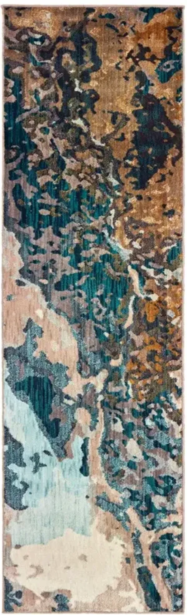 2' x 8' Abstract Power Loom Stain Resistant Runner Rug - Blue Gold And Gray