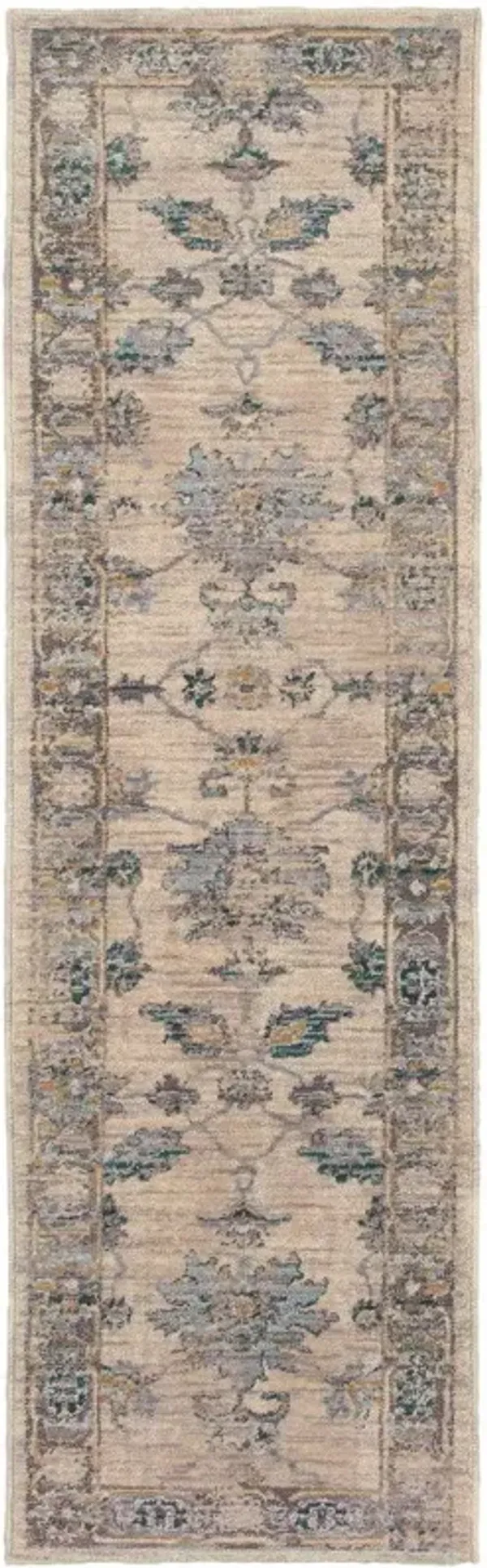 2' x 8' Oriental Power Loom Stain Resistant Runner Rug - Ivory Blue Gold And Gray