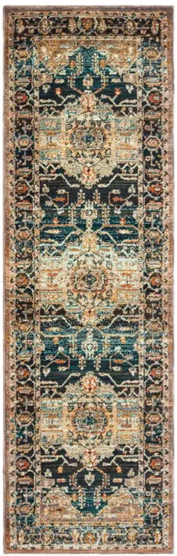 2' x 8' Oriental Power Loom Stain Resistant Runner Rug - Blue Gold Gray Orange Ivory And Teal