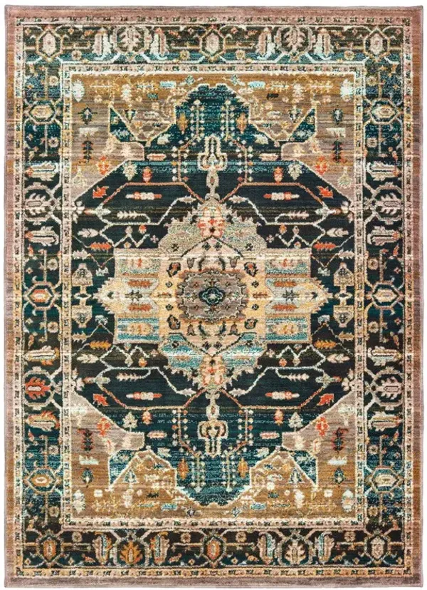 5' x 8' Oriental Power Loom Stain Resistant Area Rug - Blue Gold Gray Orange Ivory And Teal
