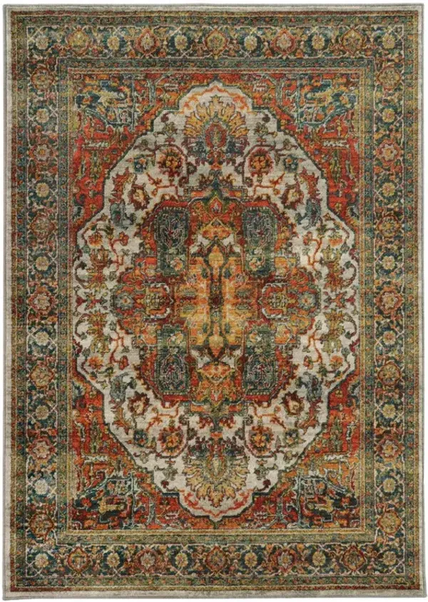 5' x 8' Oriental Power Loom Stain Resistant Area Rug - Red Gold Orange Green Ivory Rust And Blue