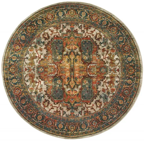 8' Round Oriental Power Loom Stain Resistant Area Rug - Red Gold Orange Green Ivory Rust And Blue