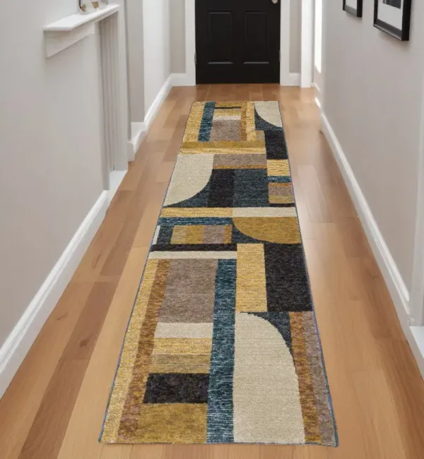 8.3' x 2.2' Runner Geometric Power Loom Runner Rug - Beige And Blue